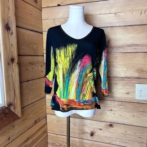 Abstract Neon Blouse Women Size Small Black Rhinestone Neck Y2K Valentina Shirt